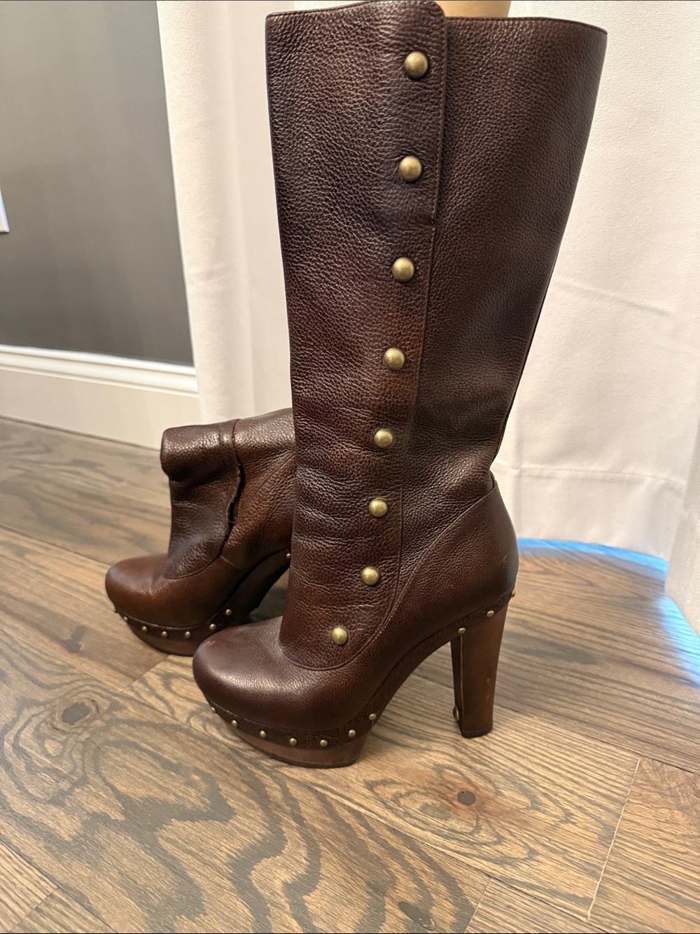 UGG Brown Leather Platform Knee Boots with Brass Stud Accents